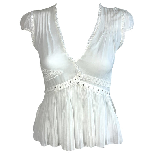 Blumarine White Pleated Hook & Eye Blouse Top - Outfit Repeater