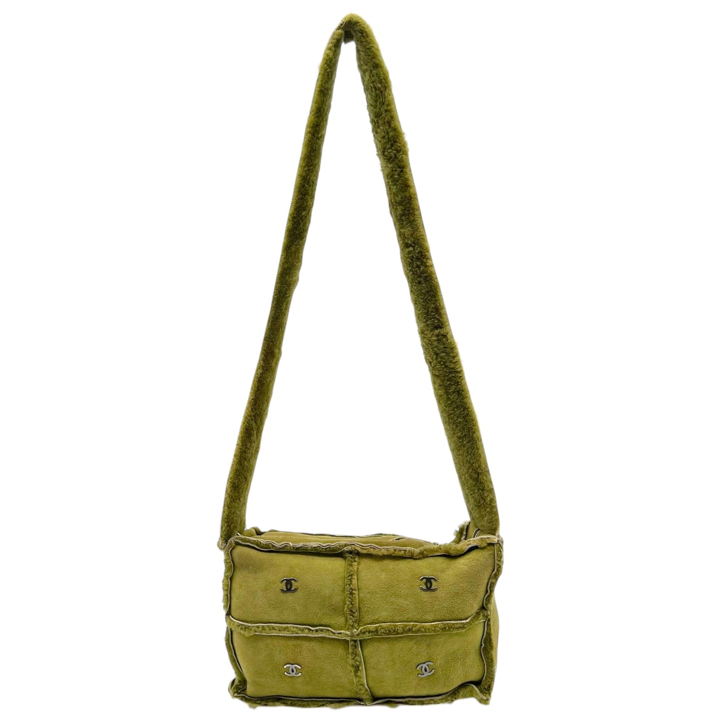 Chanel Khaki Green Shearling Logo Crossbody Bag 2000-02