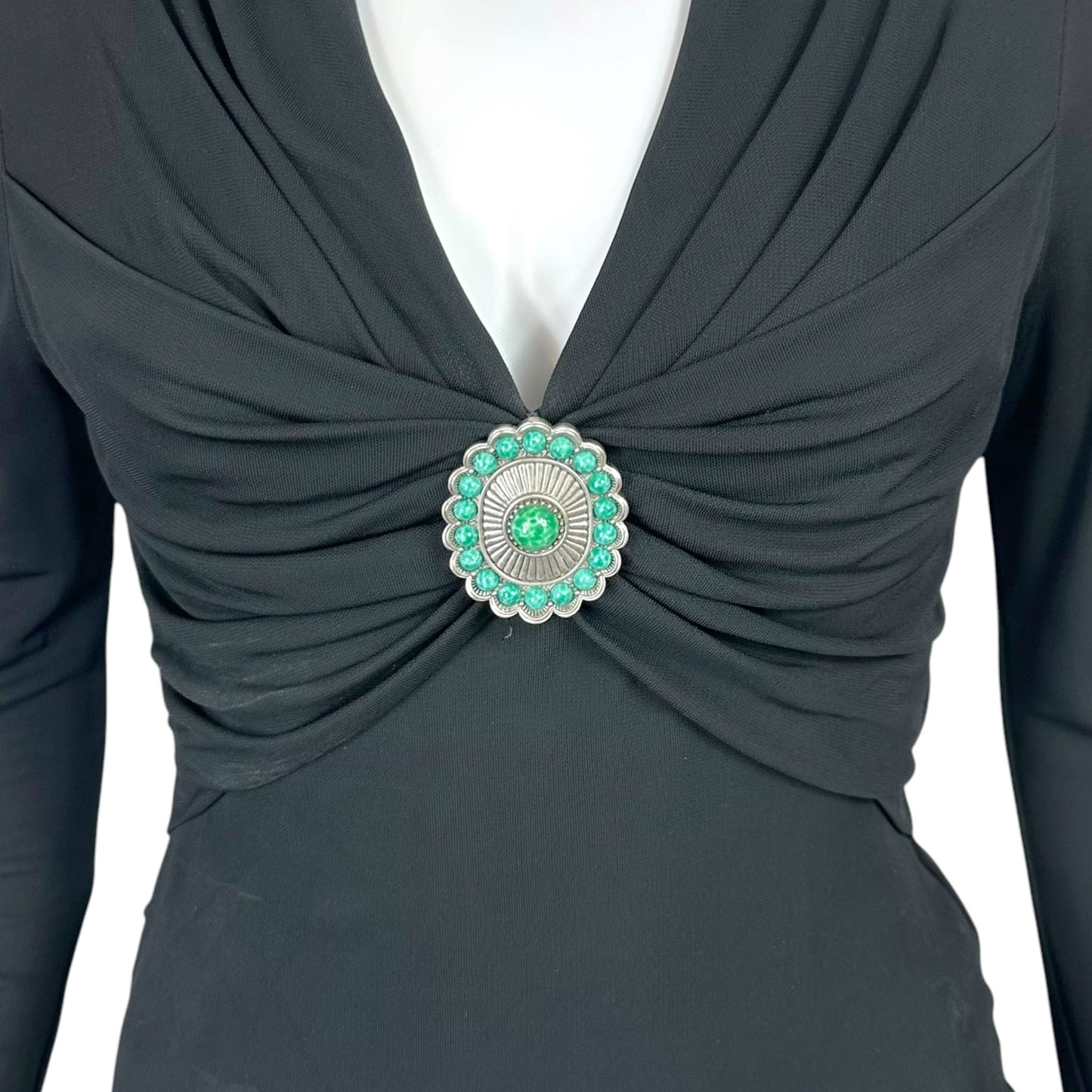Roberto Cavalli Black V-Neck Blouse w/ Silver & Turquoise Applique