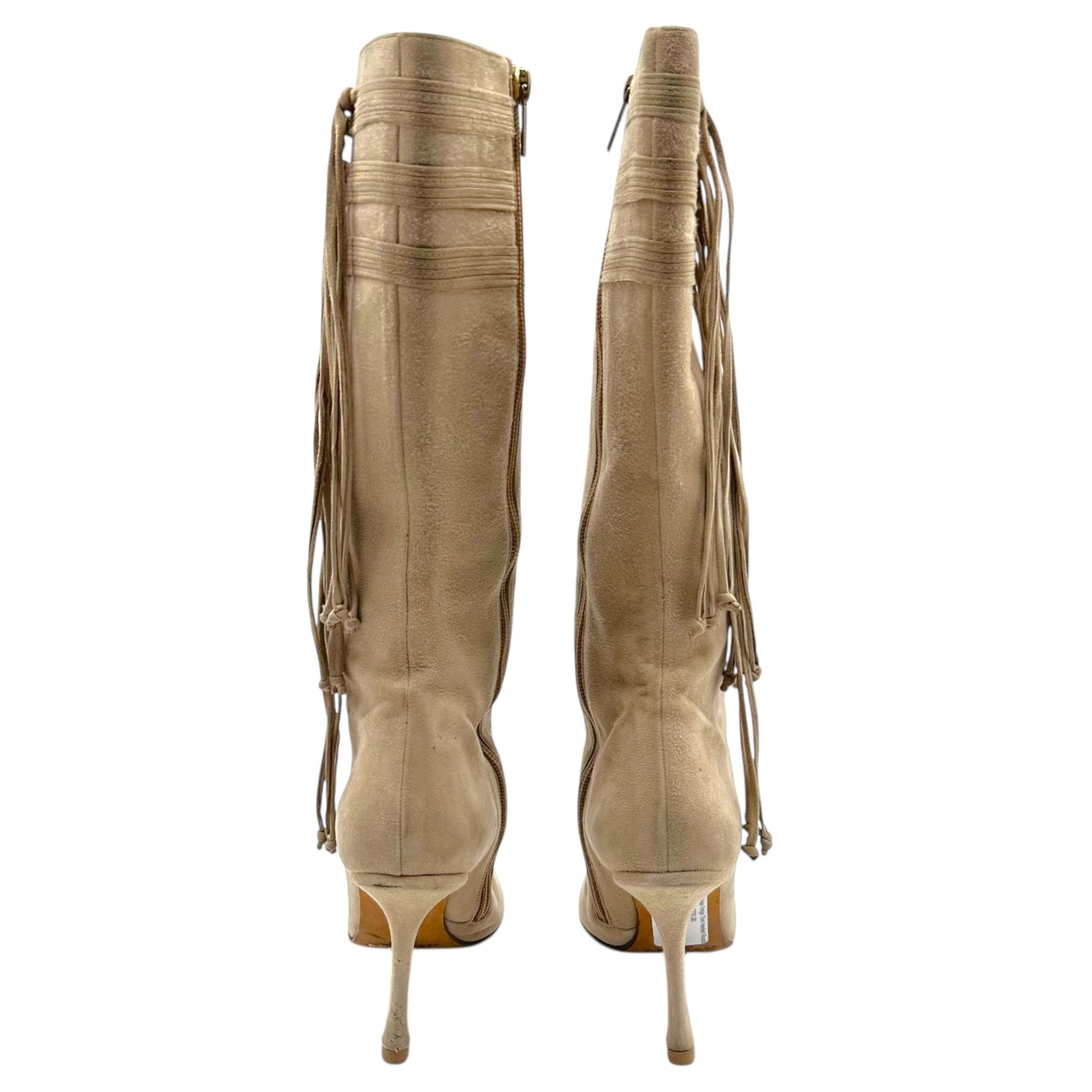 Jimmy Choo Beige Fringe Trim Heeled Boots