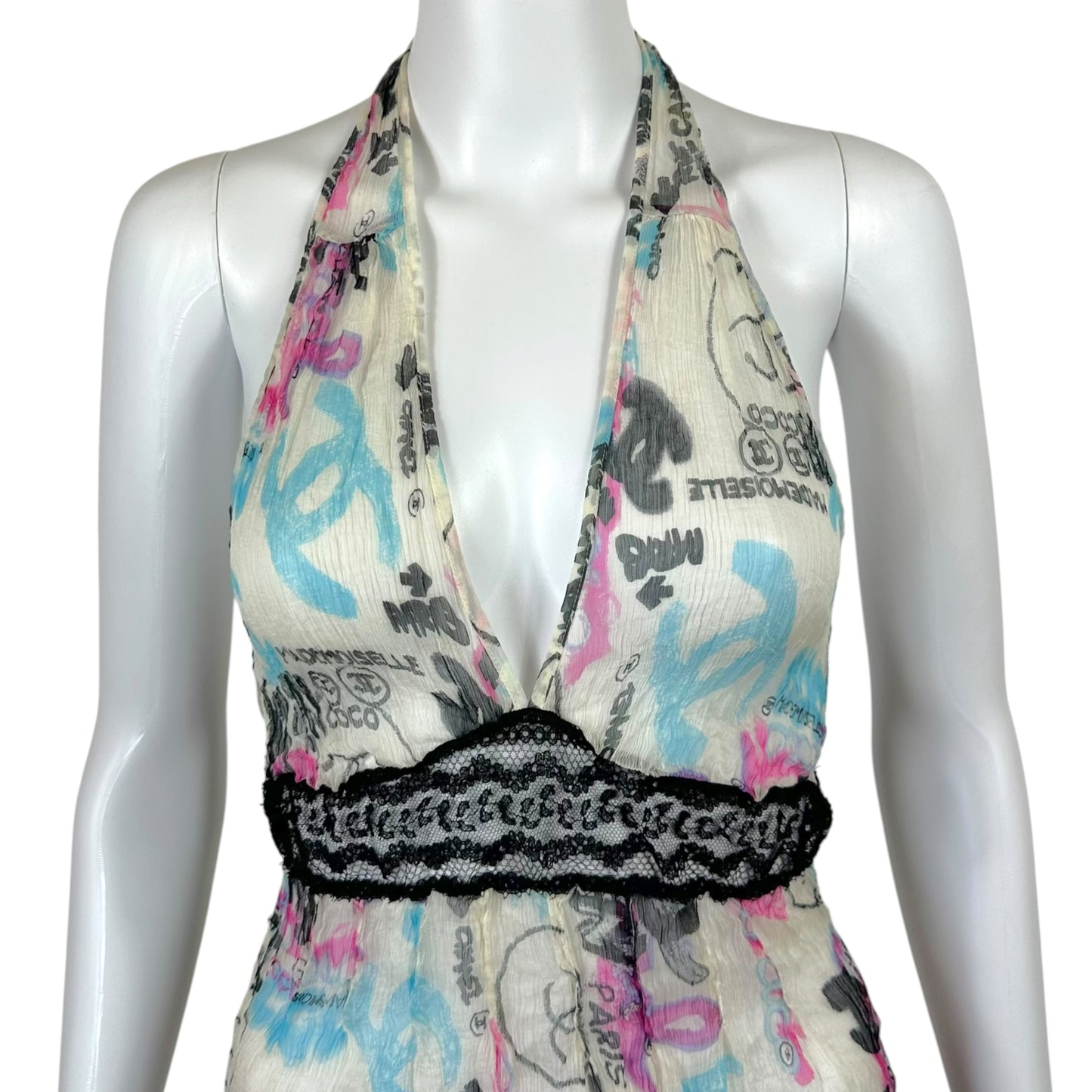 Chanel Cruise 2007 Sheer Silk Graffiti Print Silk & Lace Halter Top