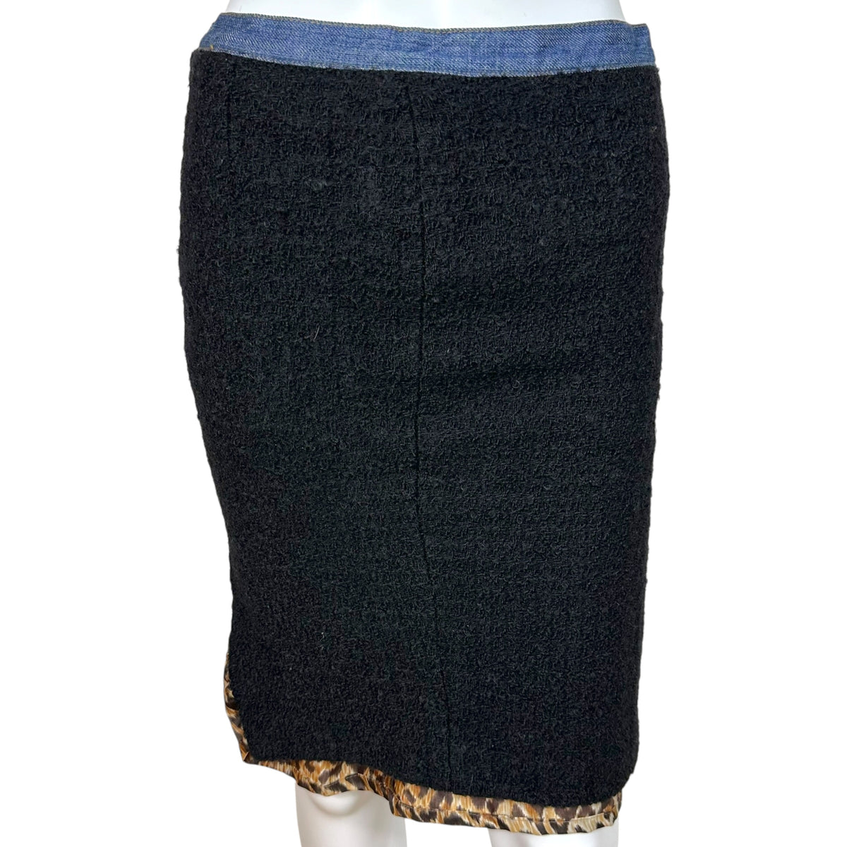 Dolce & Gabbana Black Tweed Denim Leopard Print Midi Skirt