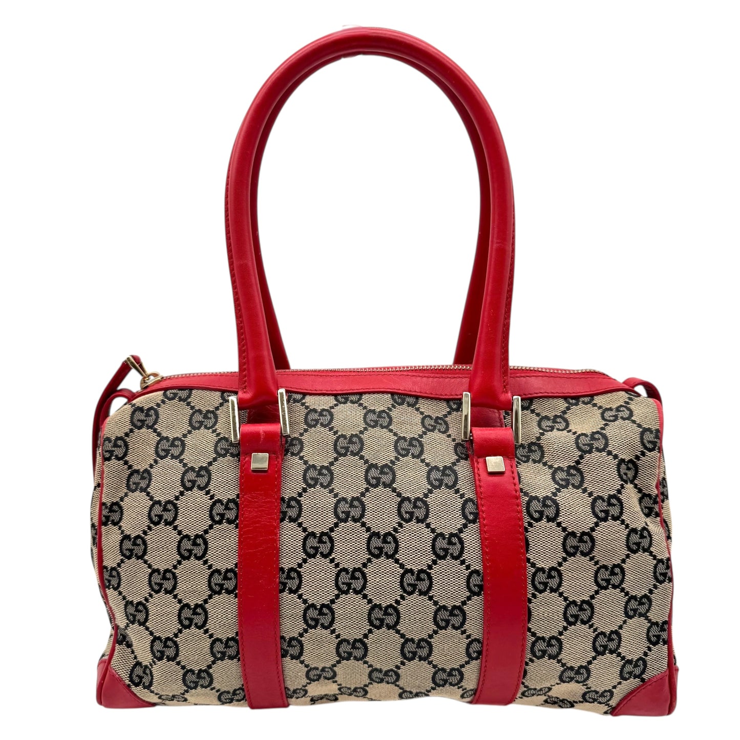 Gucci Gray Monogram & Red Leather Boston Bag - Outfit Repeater