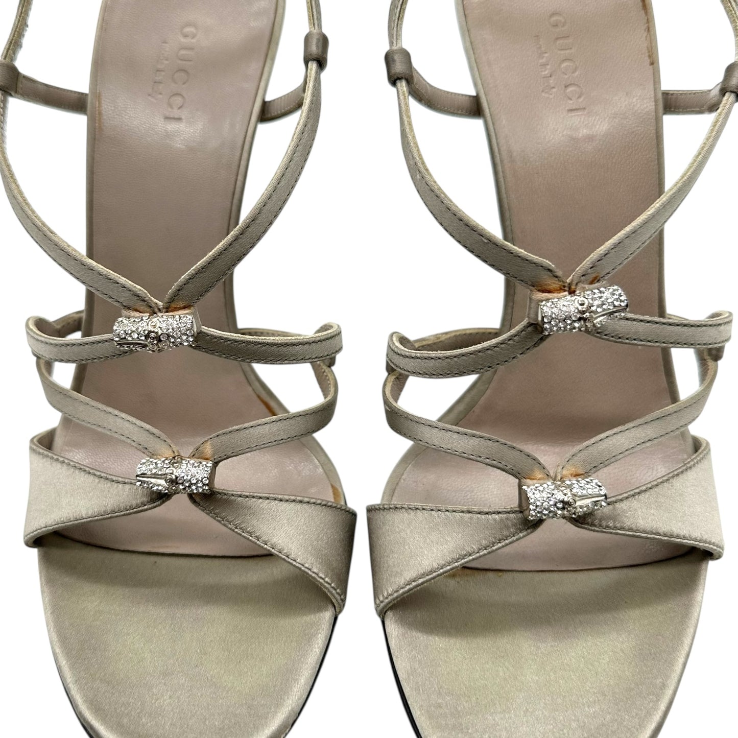 Gucci Silver Satin & Crystal Bamboo Strappy Heels