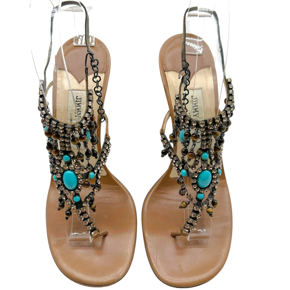 Jimmy Choo Thong Sandal Heels Turquoise Crystal Embellished