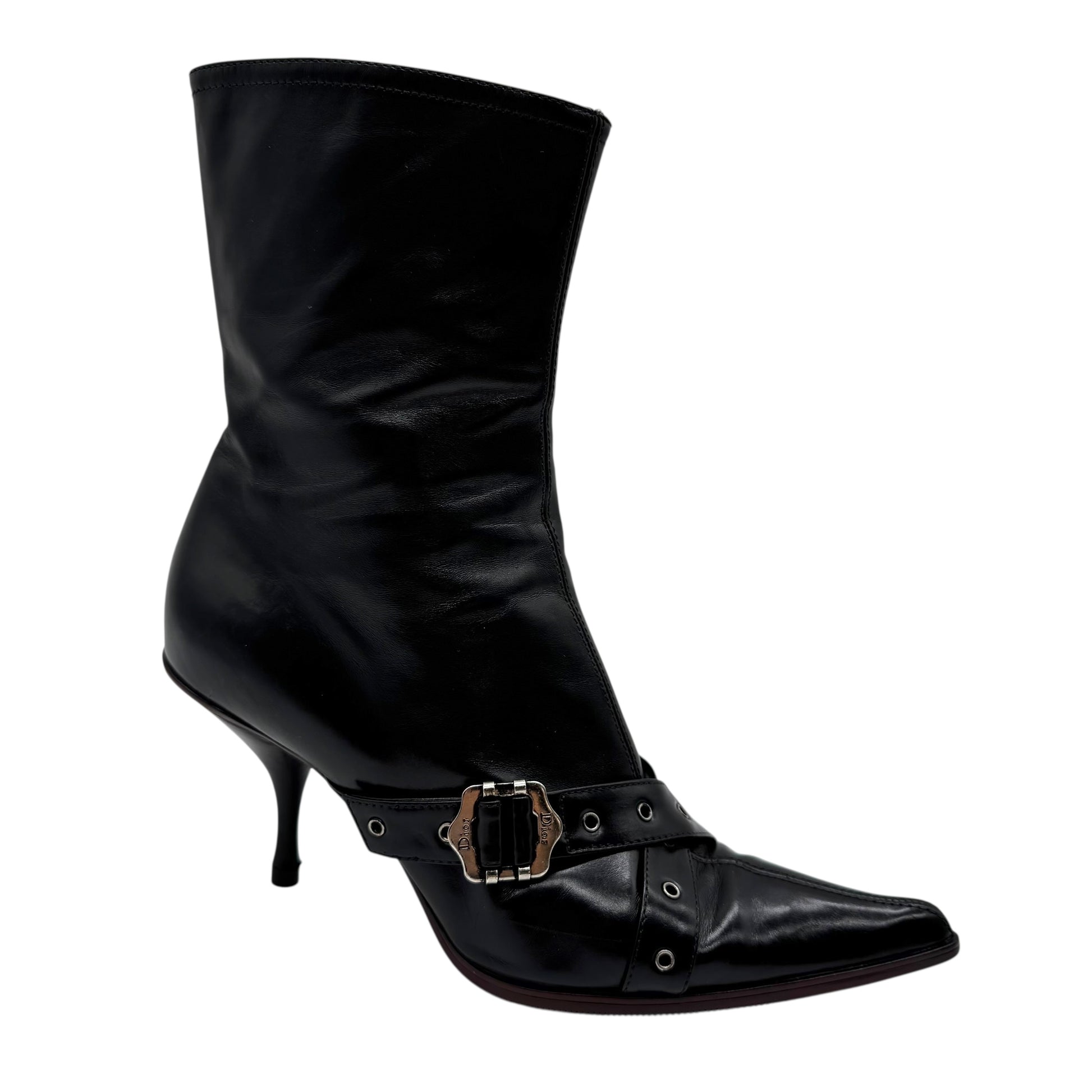 Christian Dior Black Leather Heeled Buckle Boots - Outfit Repeater
