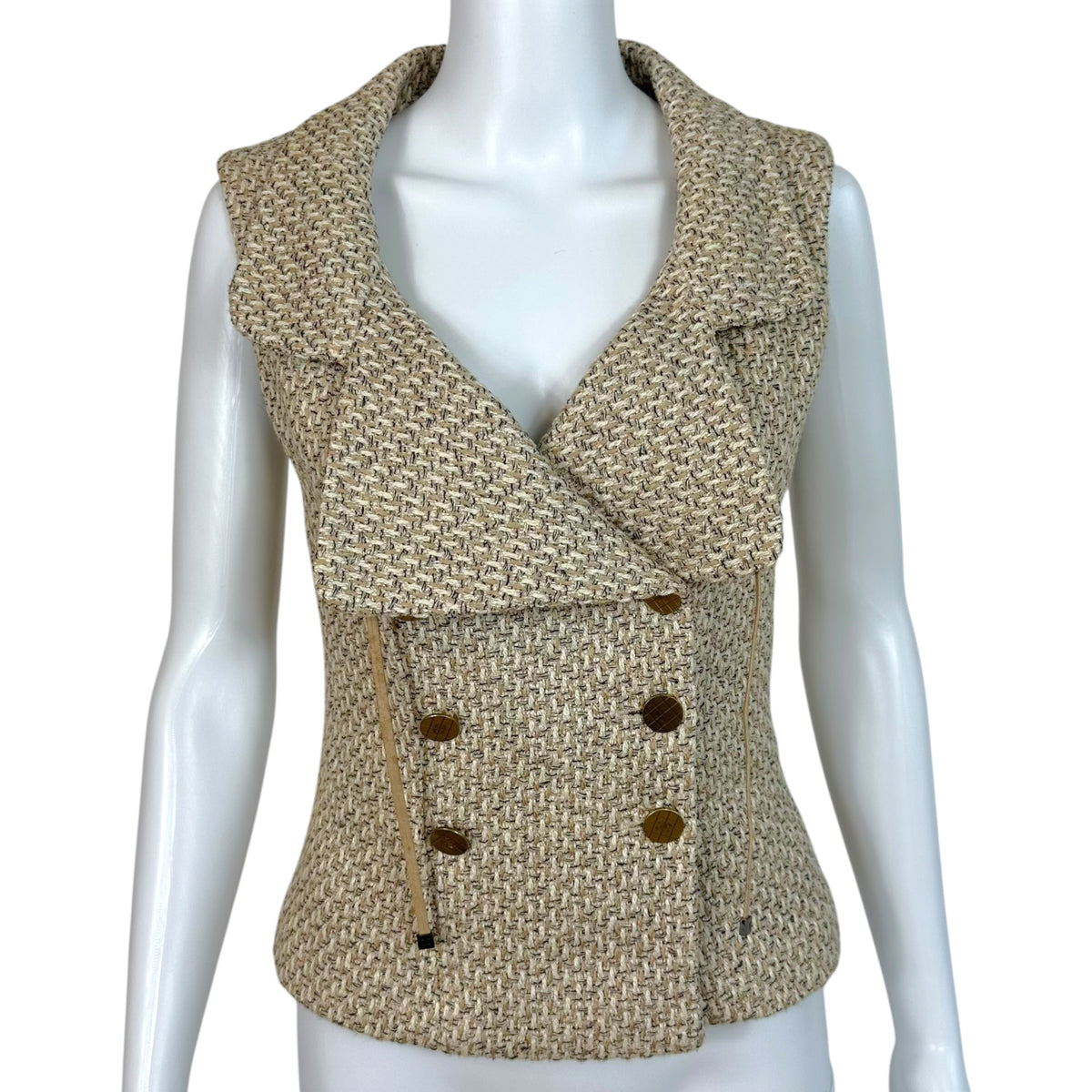 Chanel Tweed Vest Beige Ivory Gold Logo Button