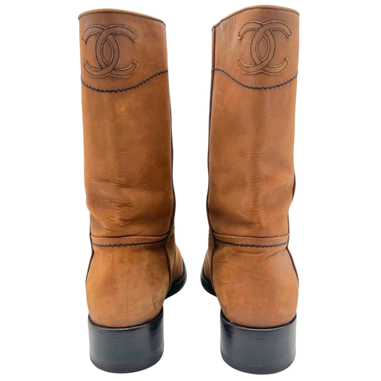 Chanel Brown Leather Logo Back Western Boots