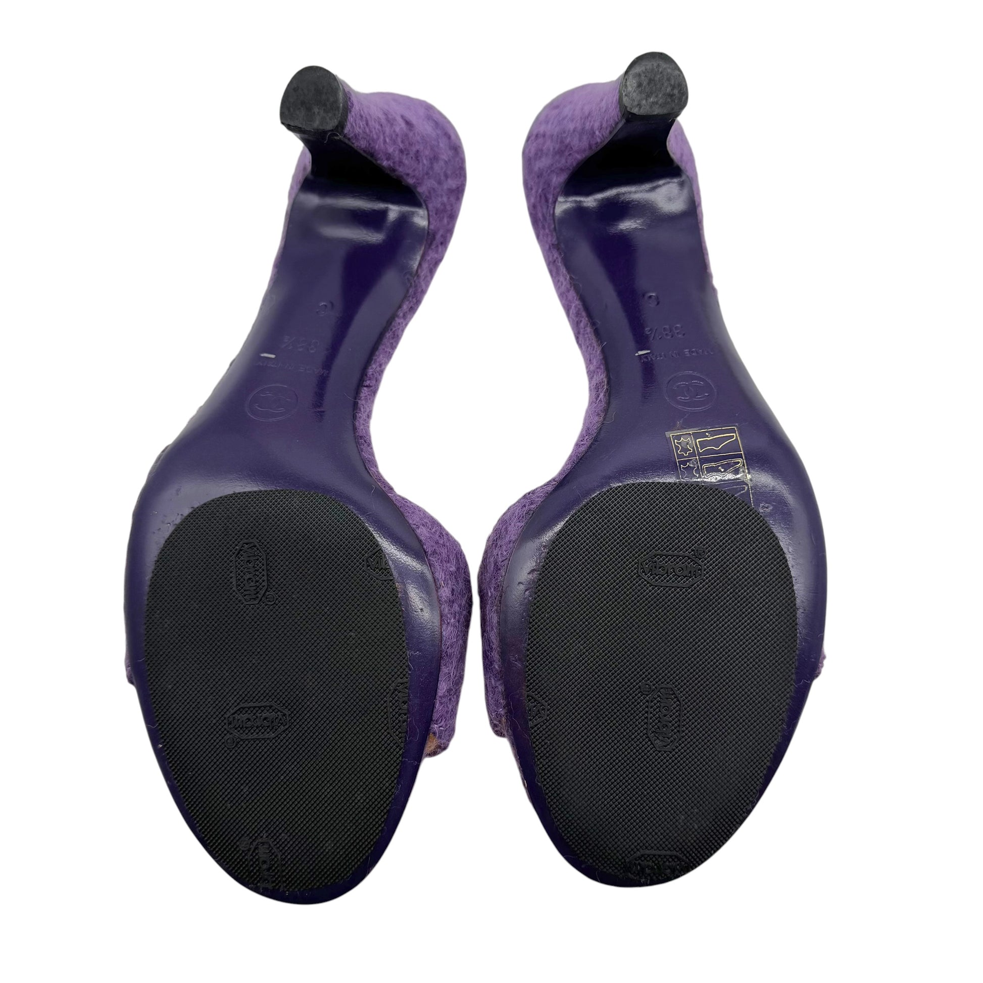 Chanel Purple Knit Mule Heels with Camellia Flower Detail