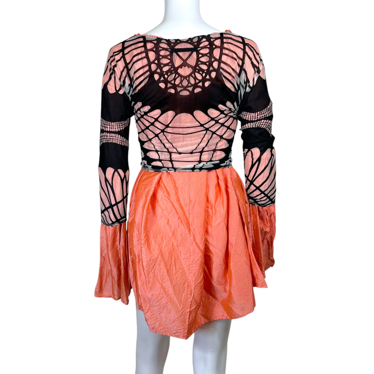 Jean Paul Gaultier Coral Silk & Black Sheer Overlay Tie Front Blouse