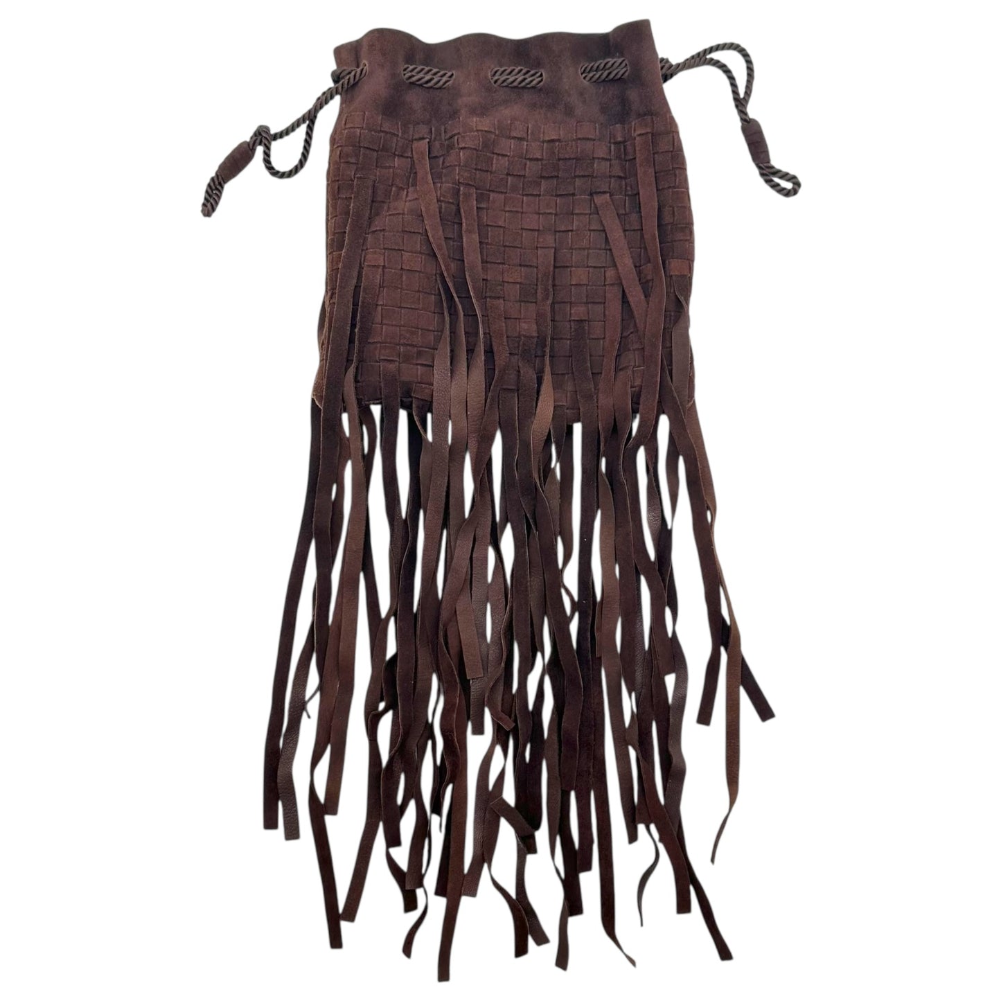 Bottega Veneta Brown Intrecciato Woven Suede Fringe Trim Clutch