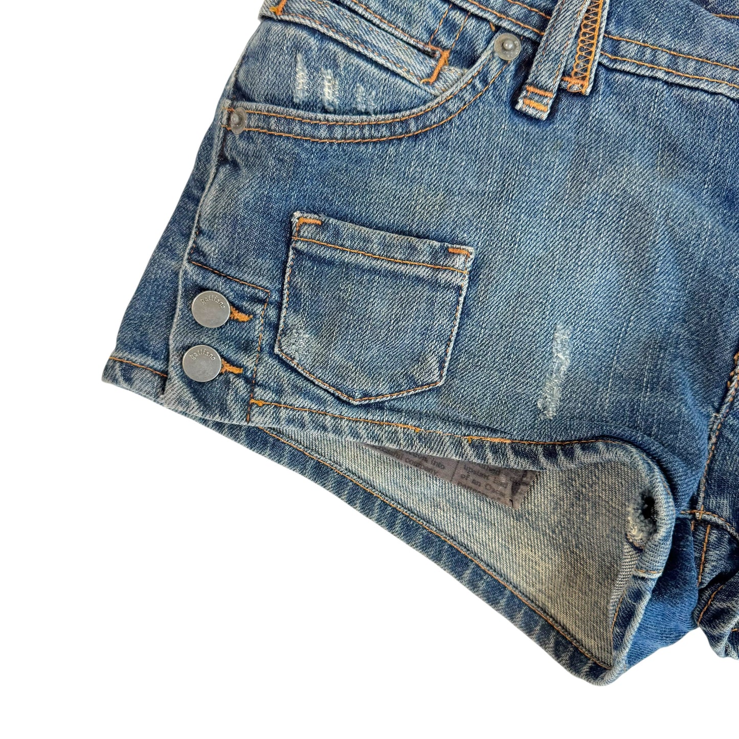 Galliano Gazette Print Pocket Dark Wash Denim Mini Shorts