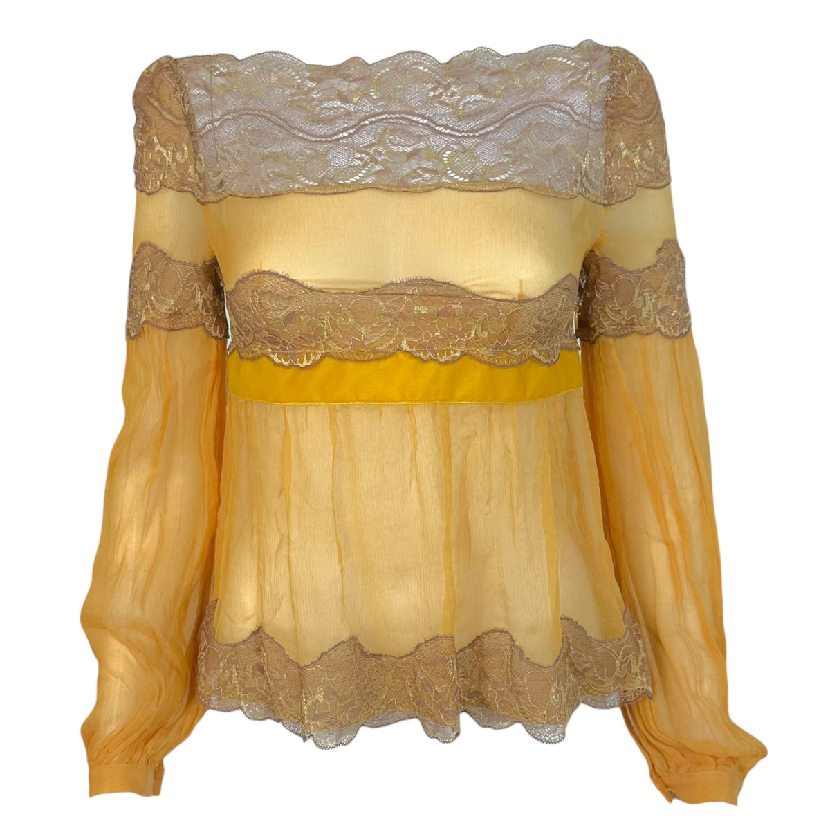 Dolce & Gabbana Gold Sheer Silk Blouse with Taupe Lace