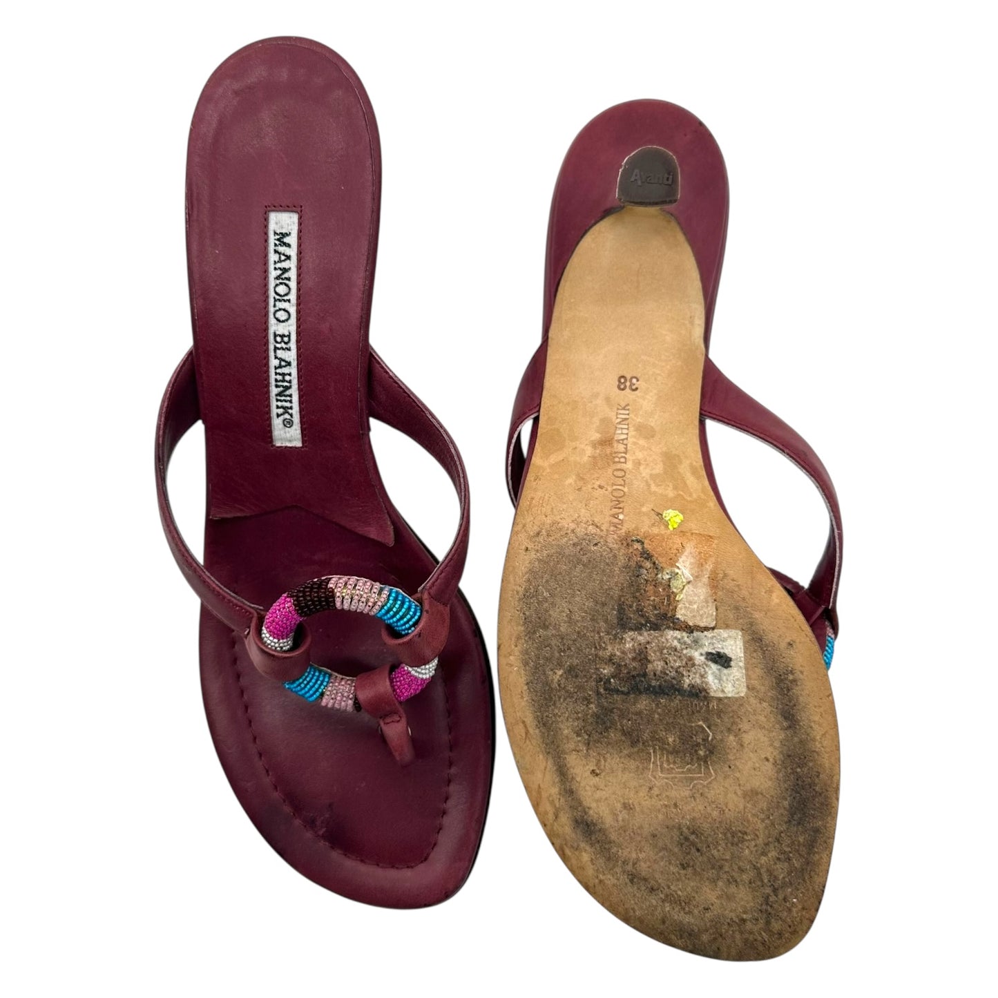 Manolo Blahnik Burgundy Beaded Flip Flop Kitten Heels