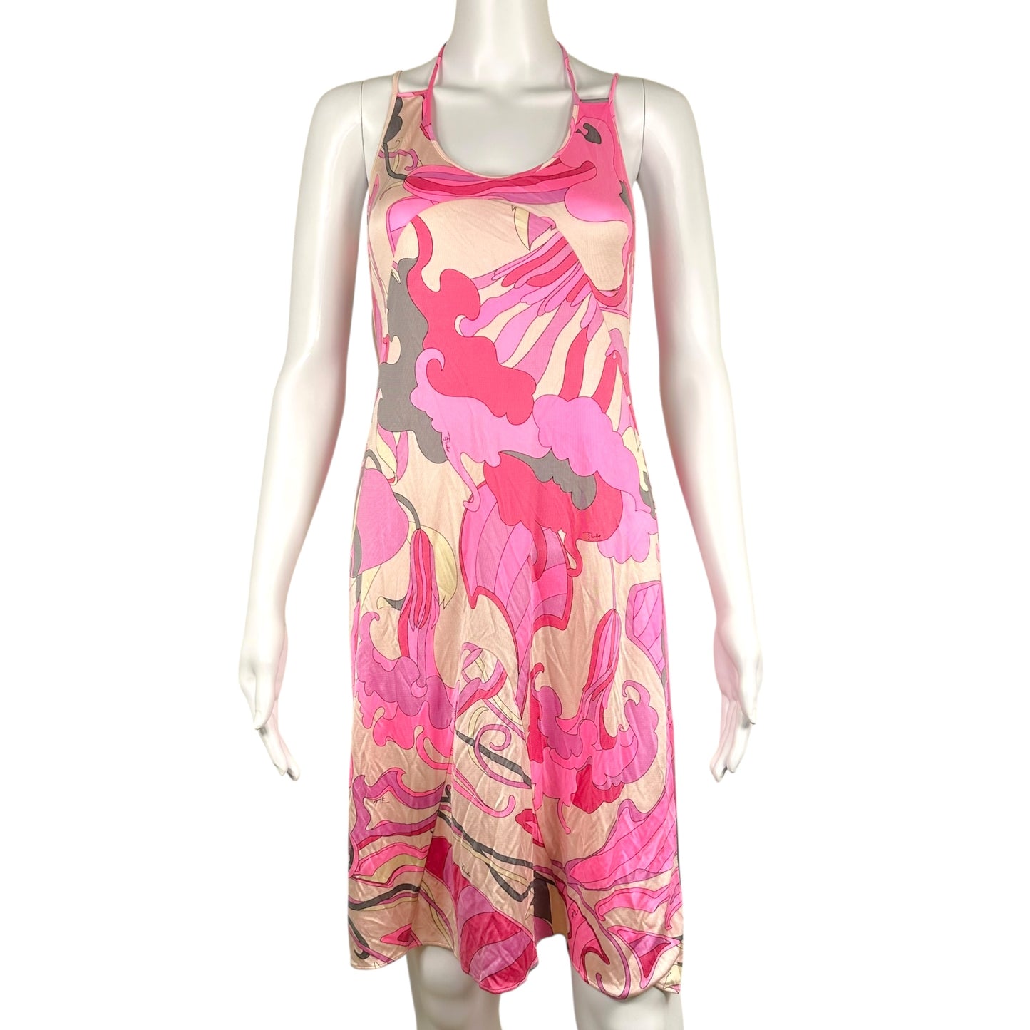 Emilio Pucci Halter Midi Dress Pink Gray Abstract Print