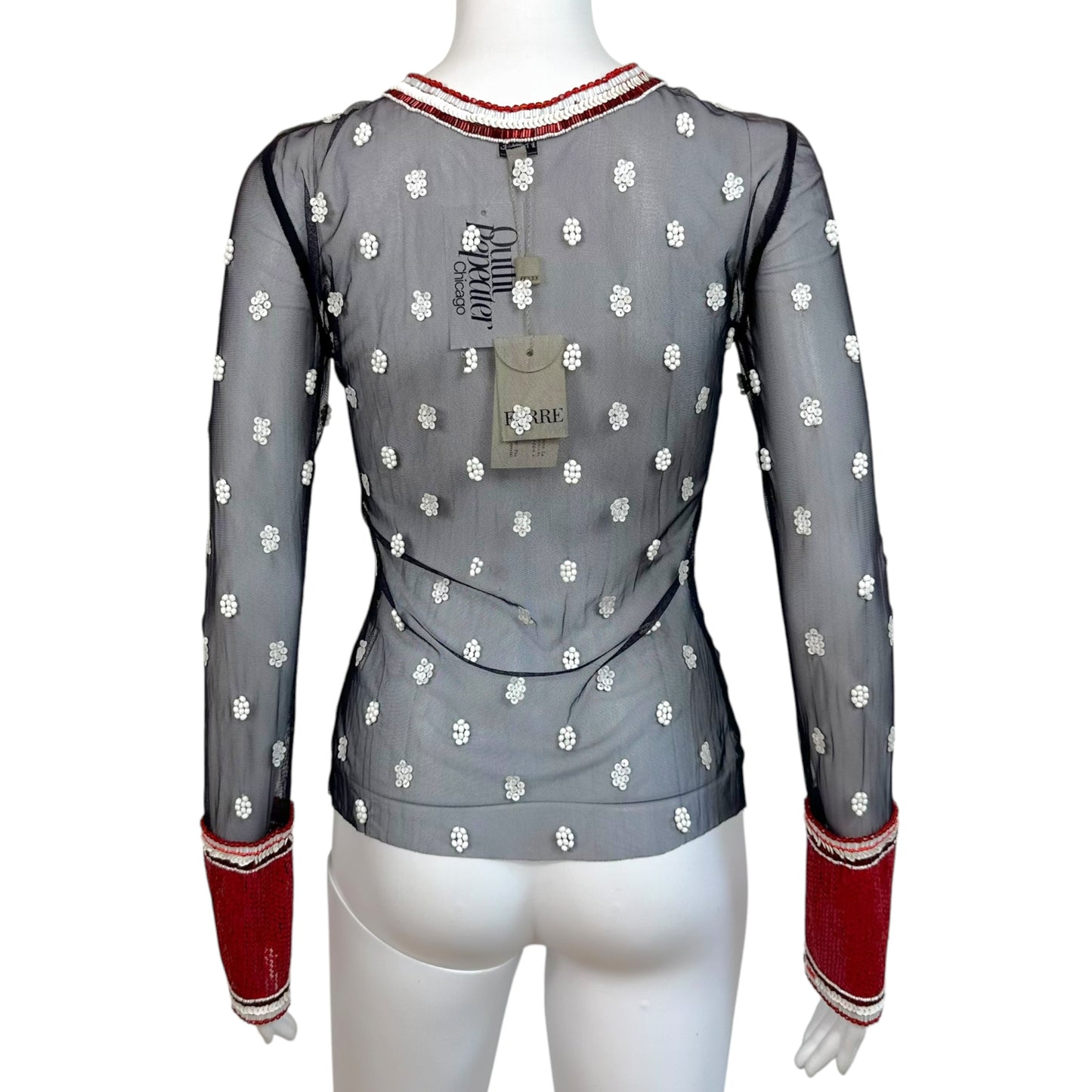 Gianfranco Ferre Red & White Sequin Beaded Navy Mesh Cardigan NEW