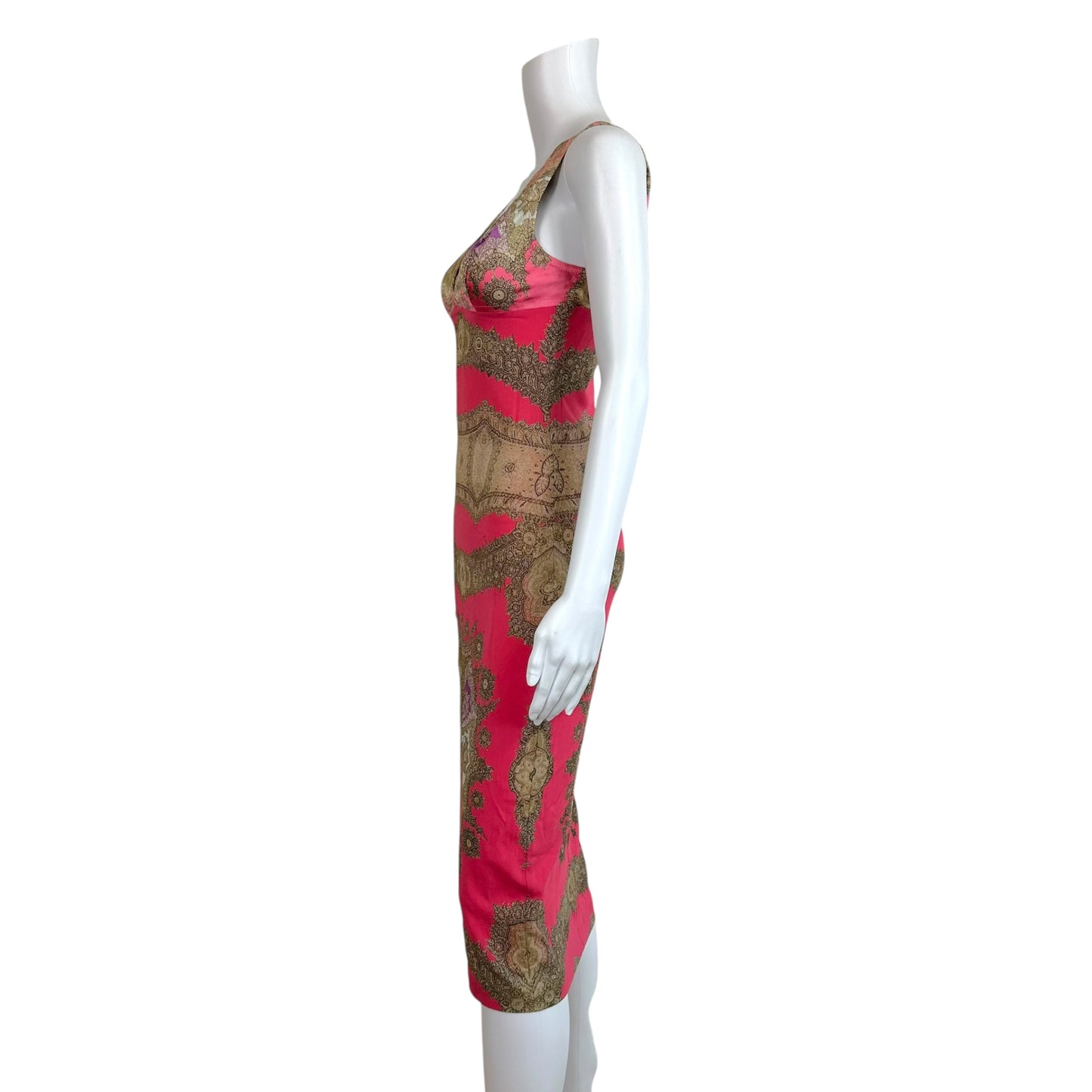 Roberto Cavalli 2004 Pink & Gold Printed Silk Midi Dress