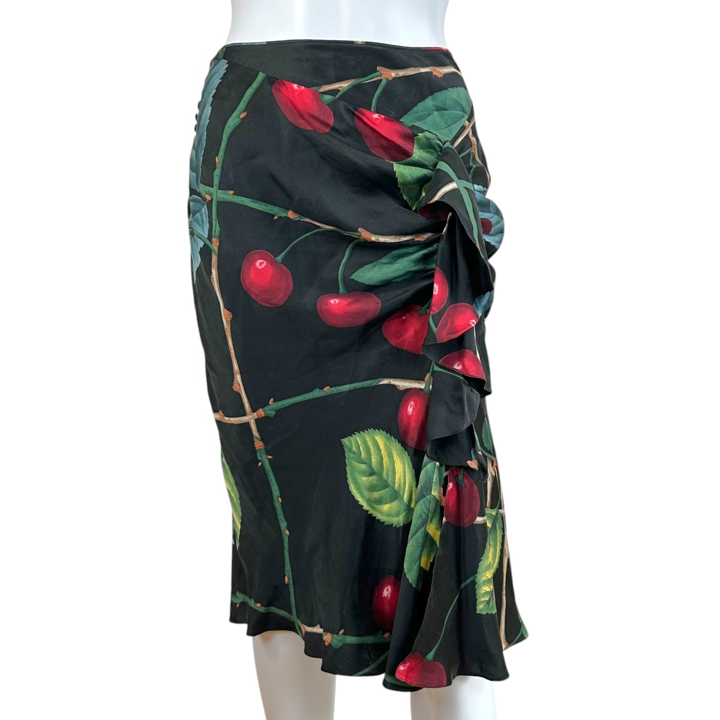 John Galliano Silk Midi Skirt Cherry Print Ruched Design