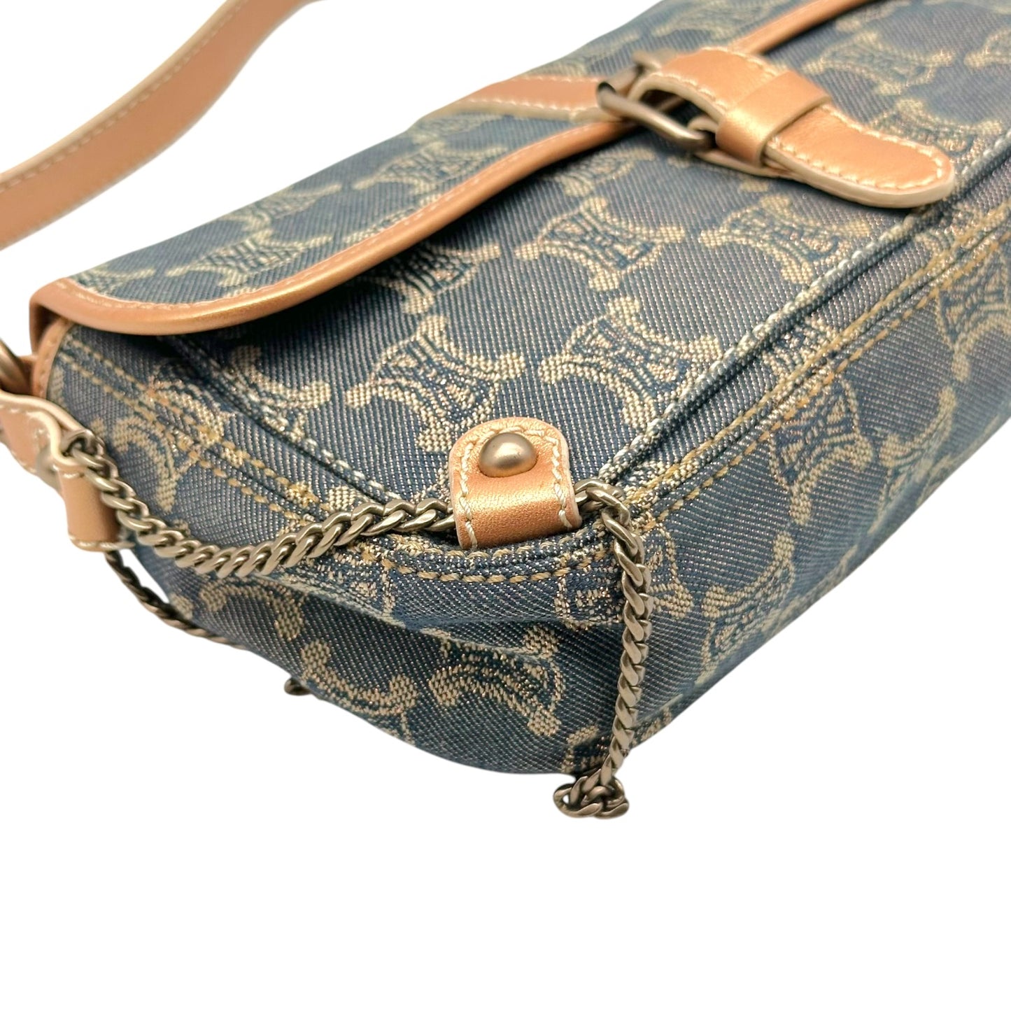 Celine Triomphe Monogram Metallic Denim Chain Embellished Shoulder Bag