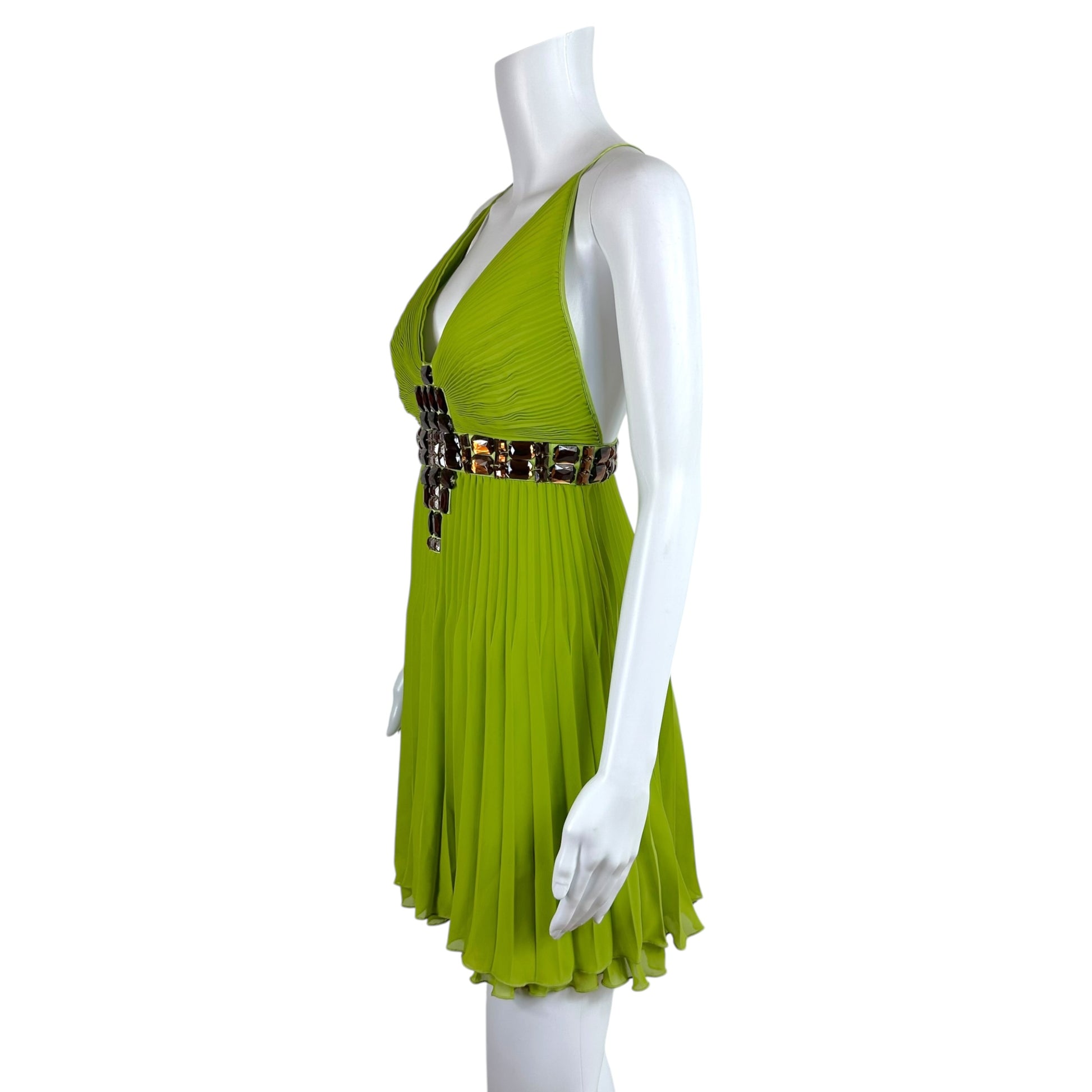 Roberto Cavalli Bright Green Rhinestone Pleated Mini Dress