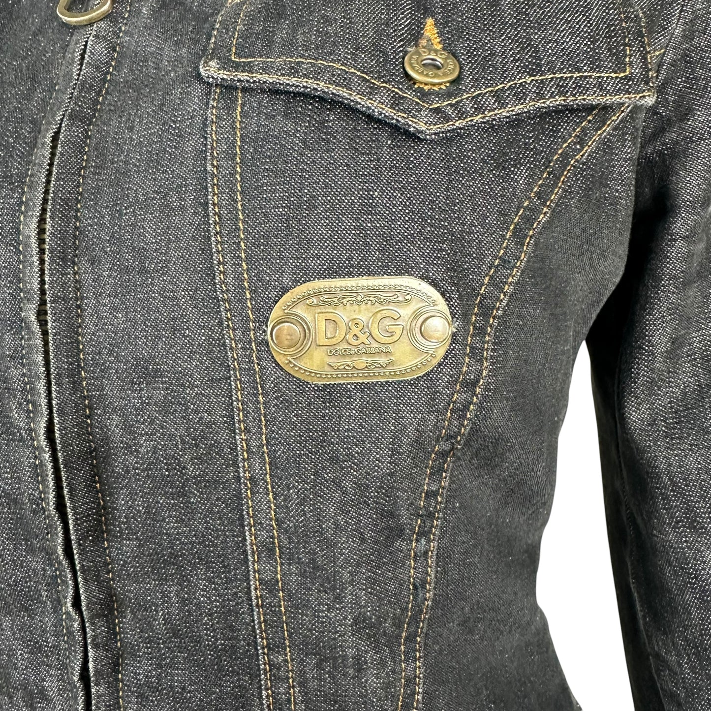 D&G Dolce & Gabbana Plaid Lined Cropped Dark Denim Jacket