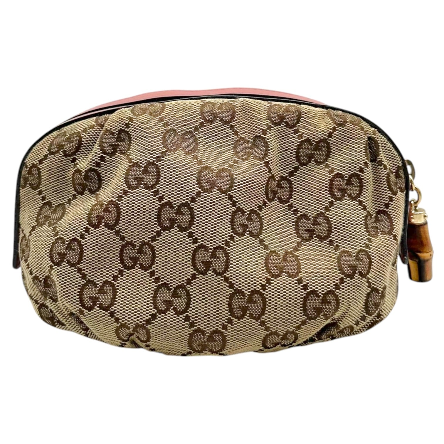 Gucci Pink Tan Monogram Bamboo Zip Cosmetic Pouch
