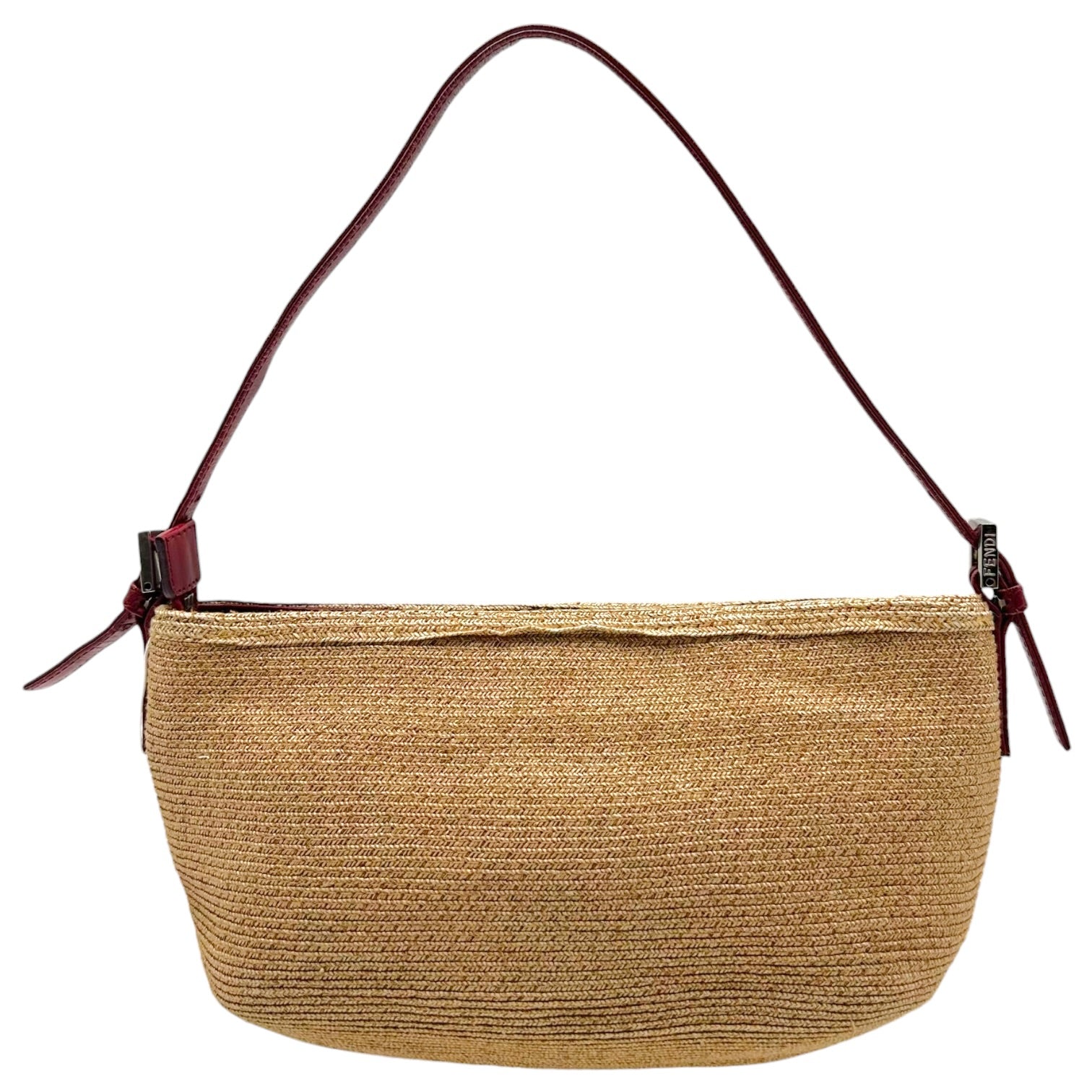 Fendi Shoulder Pochette Bag Burgundy Leather Raffia