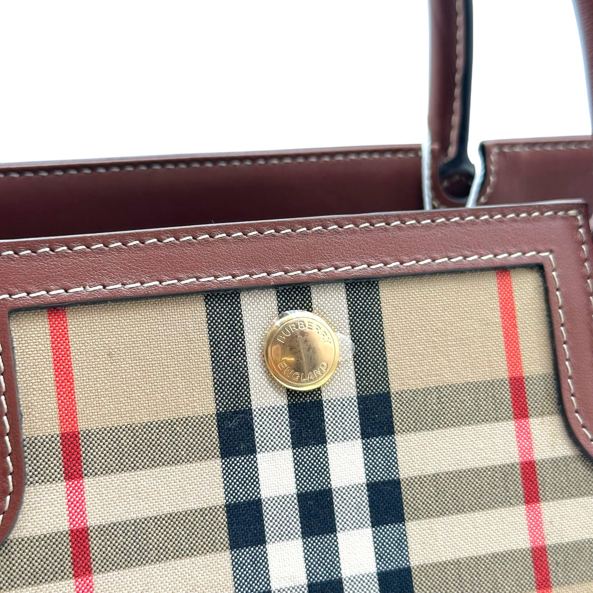 Burberry Brown Leather Nova Check Plaid Tote Handbag