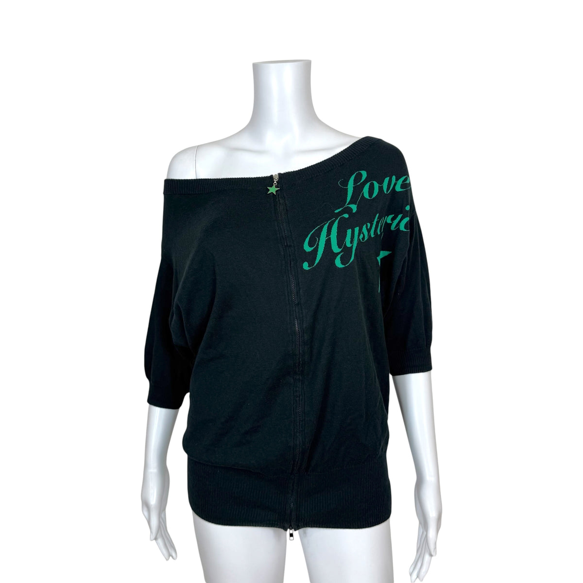 Hysteric Glamour Off-Shoulder Zip-Up Knit Top Black Green