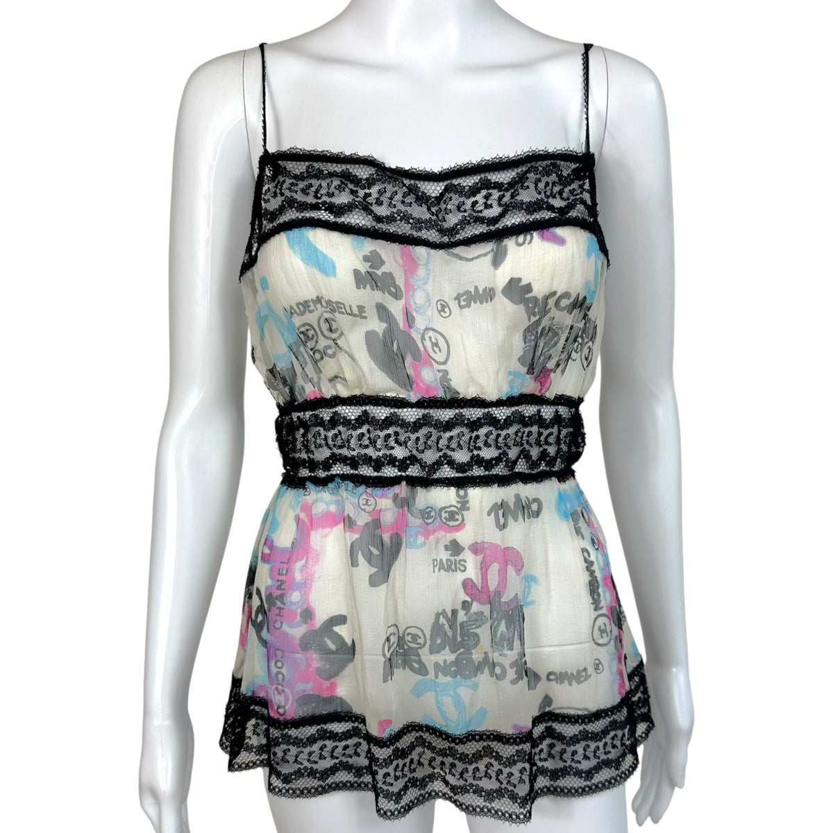 Chanel Cruise 2007 Sheer Silk & Lace Graffiti Logo Print Cami Blouse