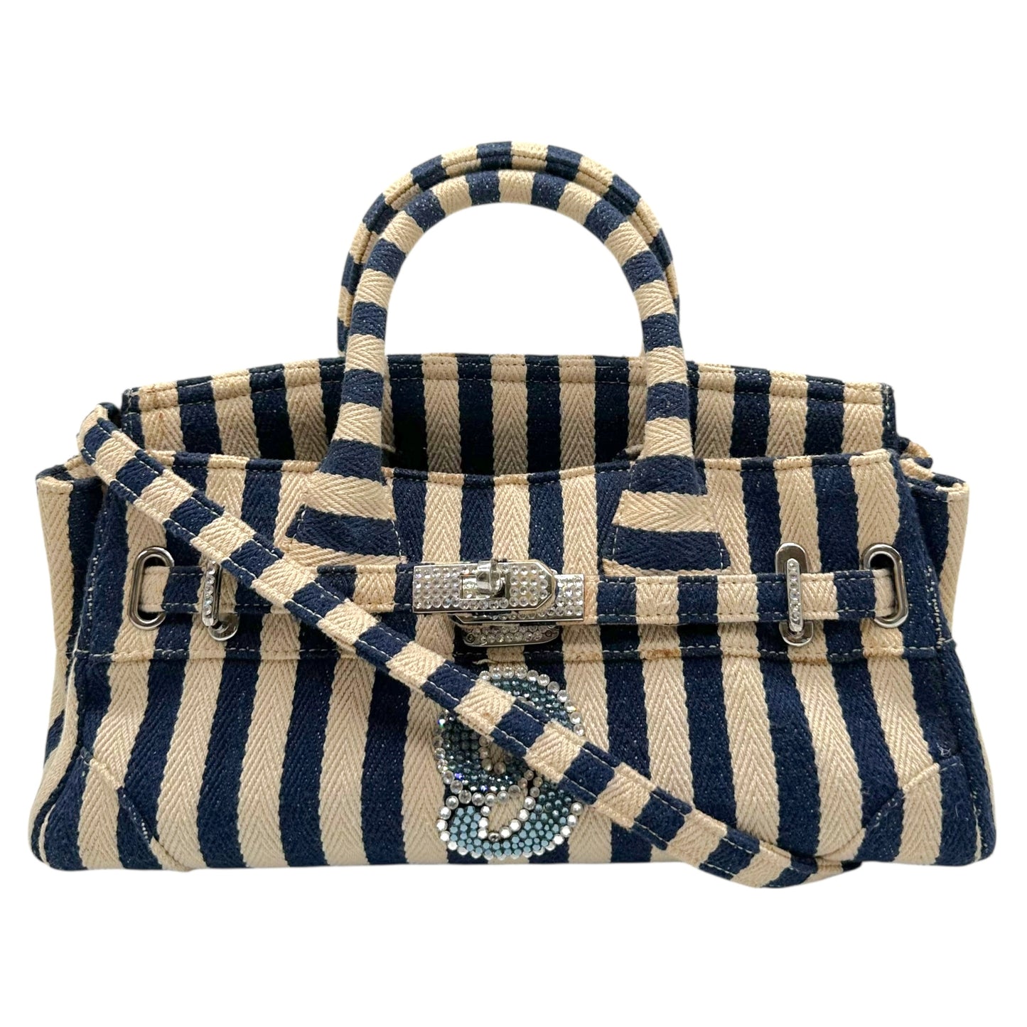 Tsuru Navy Ivory Striped Rhinestone Firkin Bag