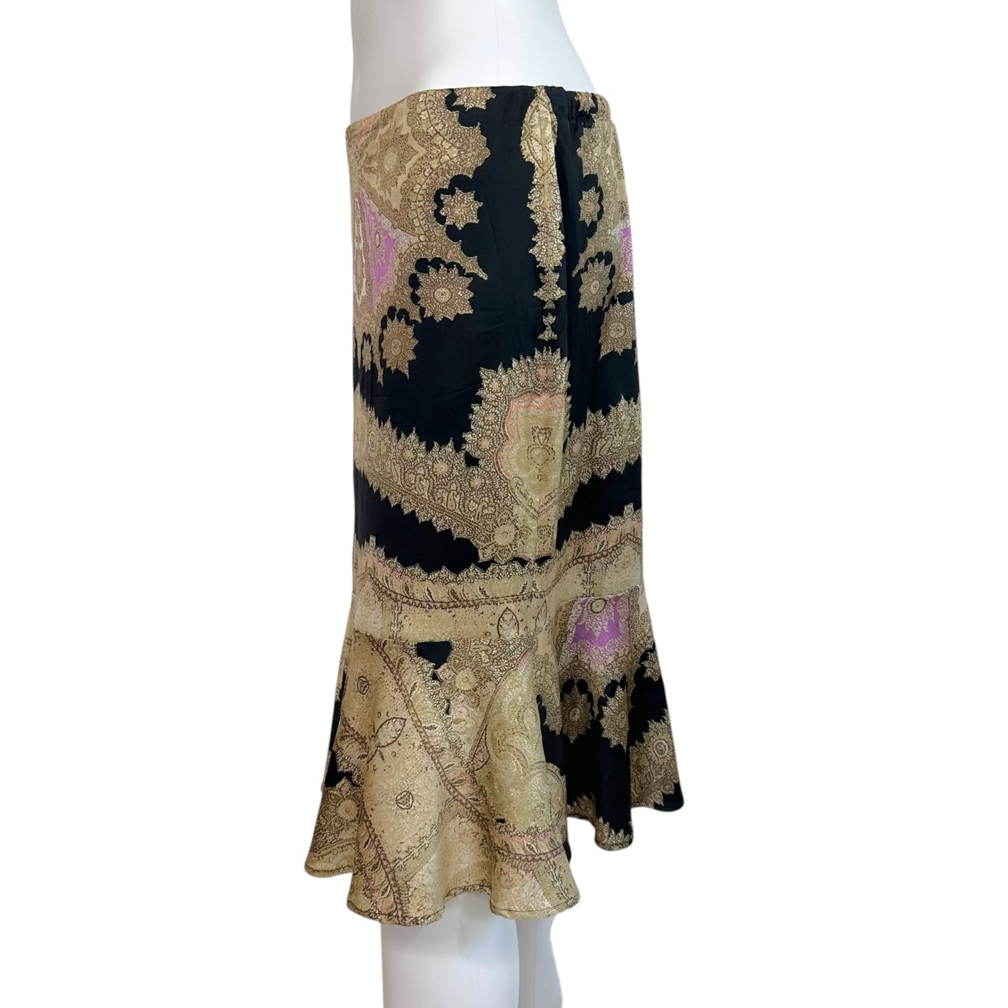Roberto Cavalli 2004 Gold & Black Multi Metallic Print Silk Midi Skirt