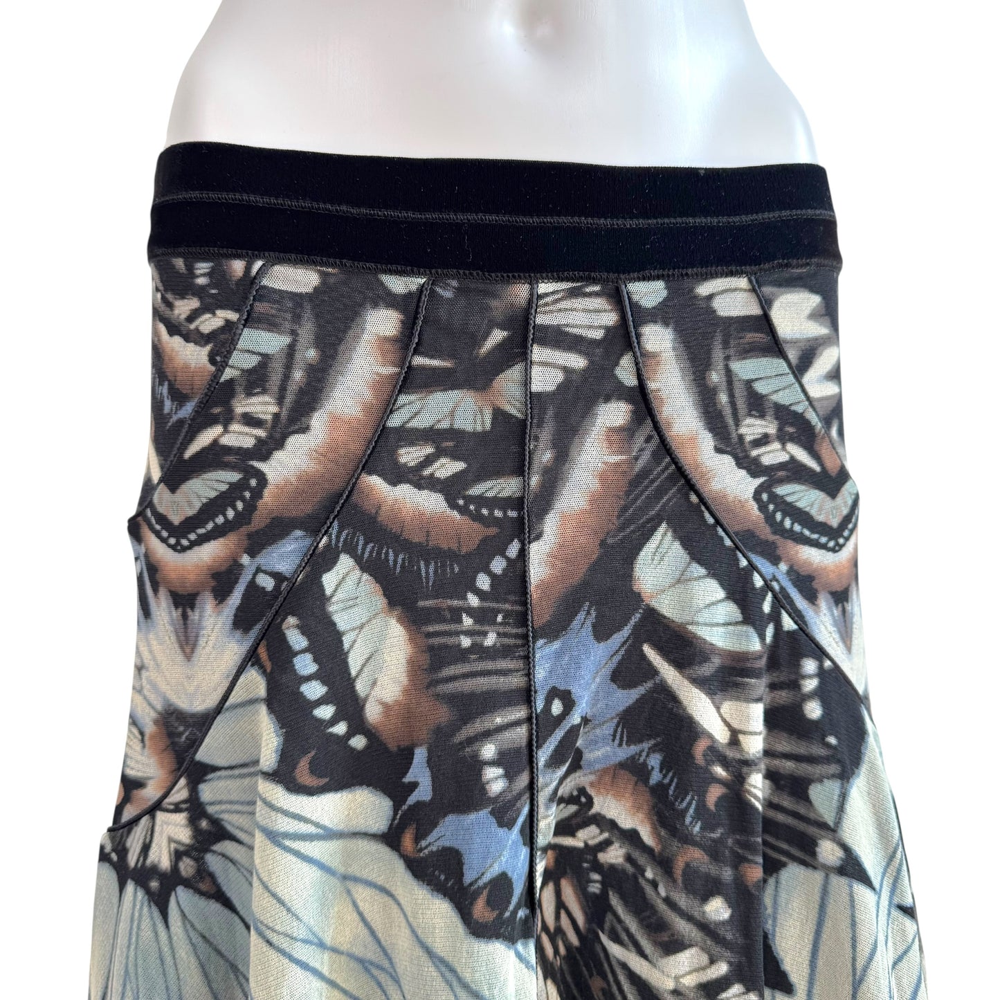 Jean Paul Gaultier Soliel Blue & Black Butterfly Print Mesh Midi Skirt NEW