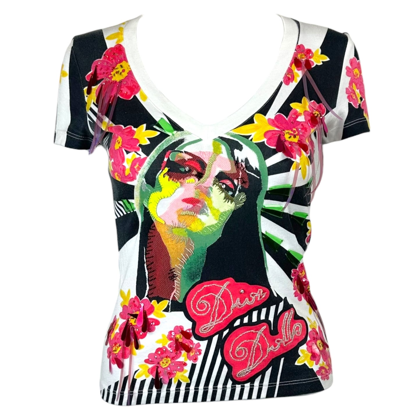 Christain Dior F/W 2004 Dior Dolls Sequin & Leather Embellished Graphic T-Shirt