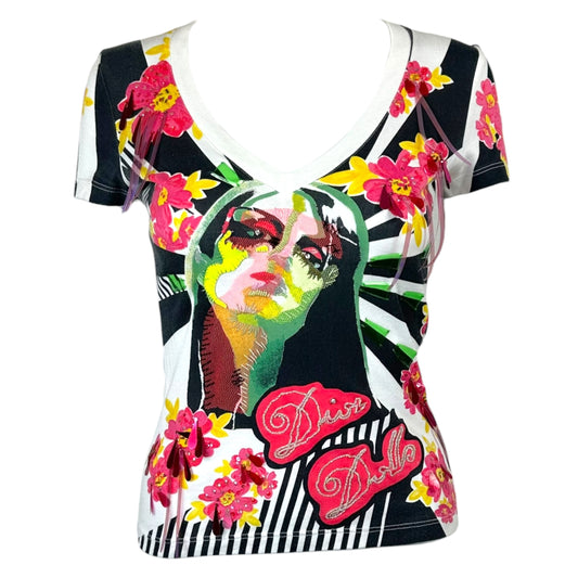 Christain Dior F/W 2004 Dior Dolls Sequin & Leather Embellished Graphic T-Shirt