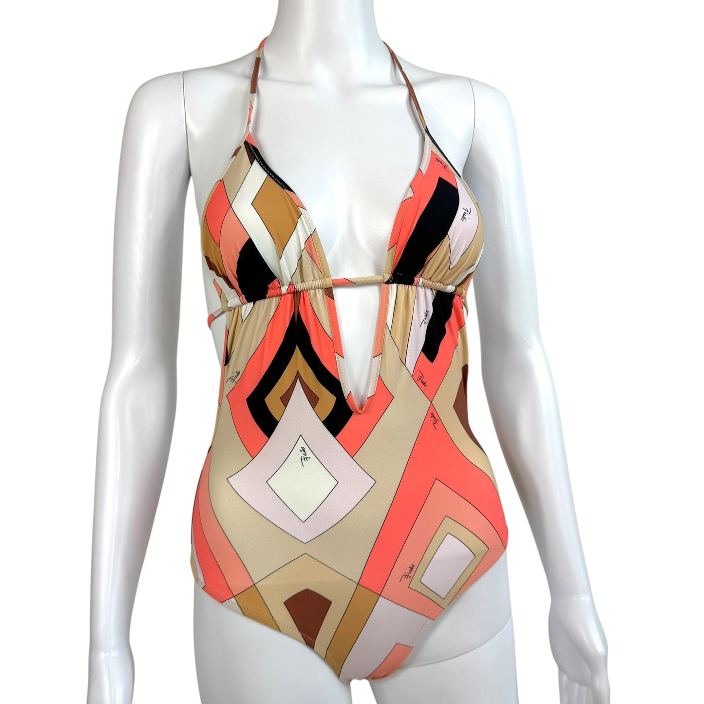 Emilio Pucci Coral & Beige Printed Backless One-Piece Swimsuit