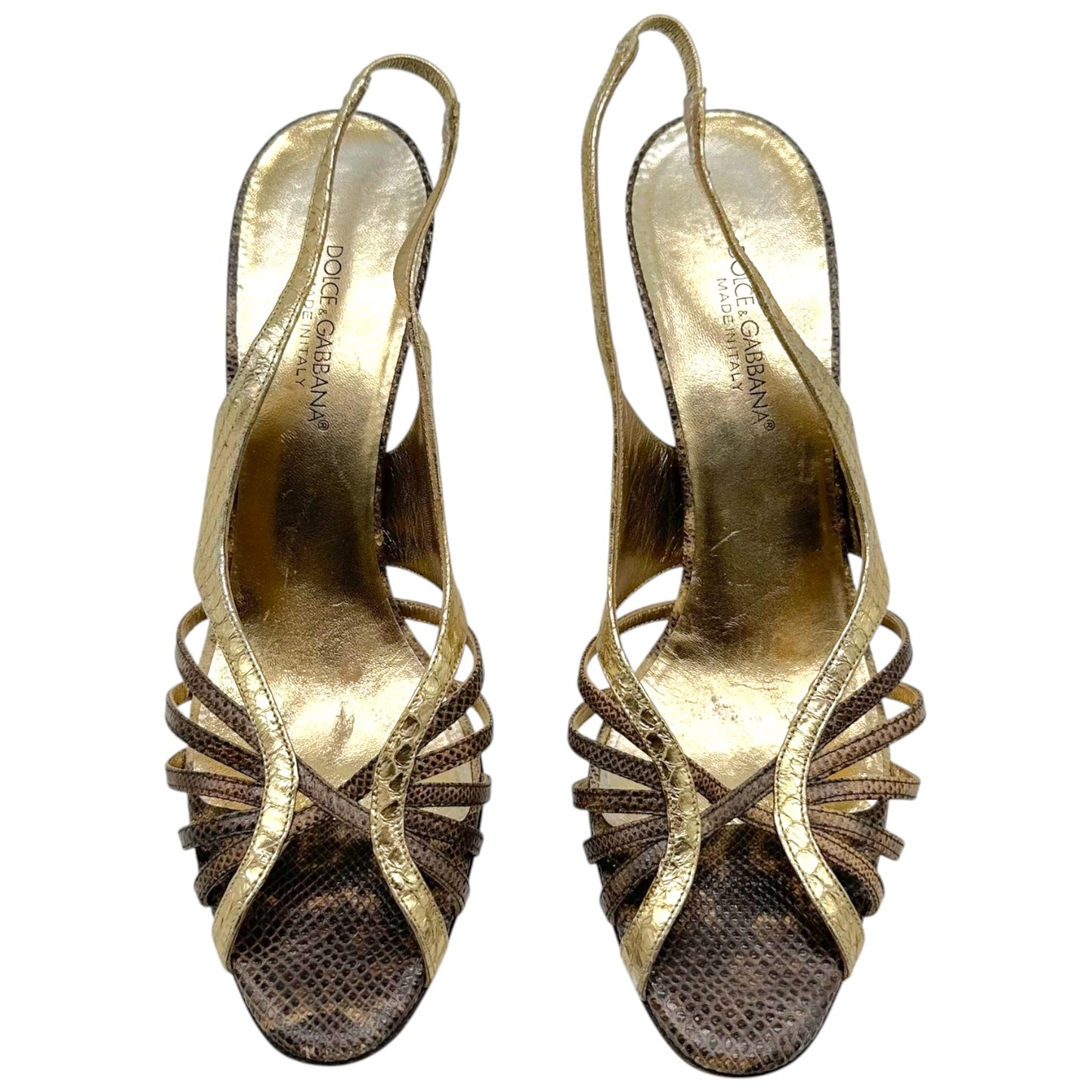 Dolce & Gabbana Gold & Brown Snakeskin Strappy Sandal Heels