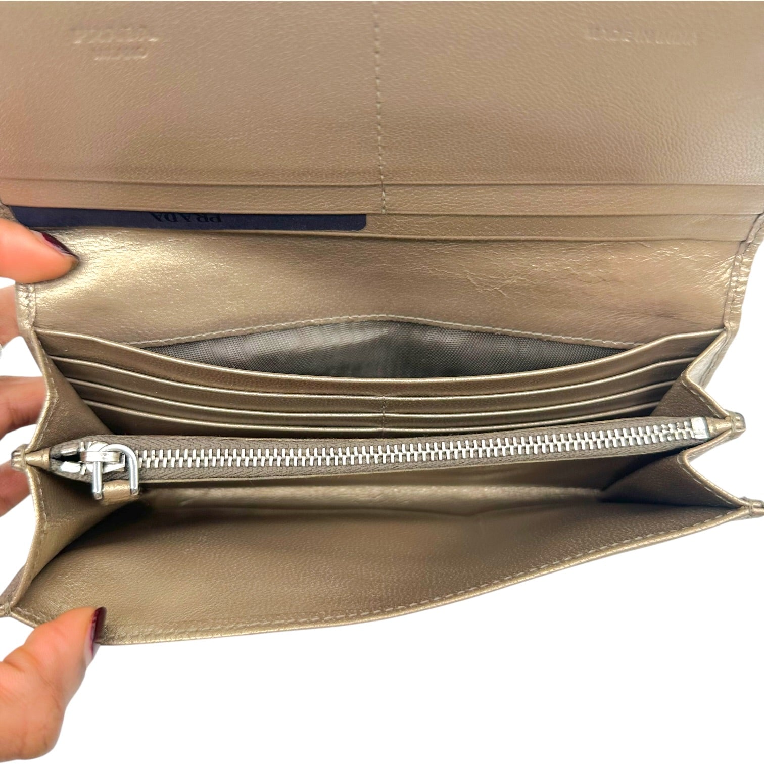 Prada Woven Long Wallet Metallic Silver Gold