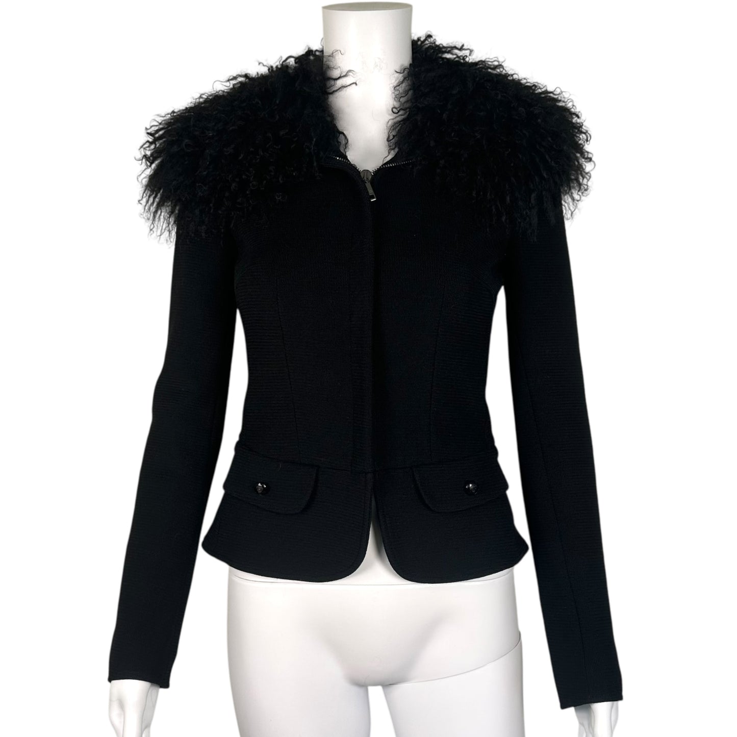 Dolce & Gabbana Black Wool Jacket w/ Mongolian Fur Collar