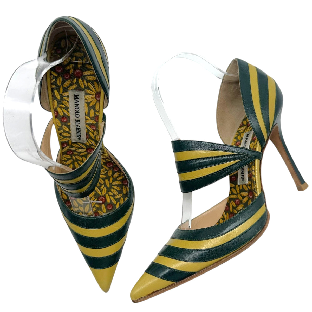 Manolo Blahnik Pointed Toe Pumps Dark Green Yellow Stripes