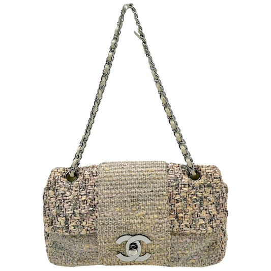 Chanel Medium Flap Shoulder Bag Silver Metallic Pastel Tweed