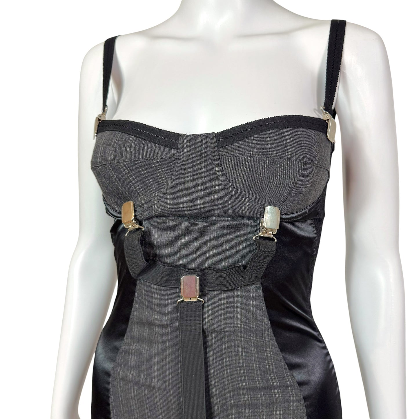 Dolce & Gabbana Pinstripe Suspender Mini Dress Black Gray