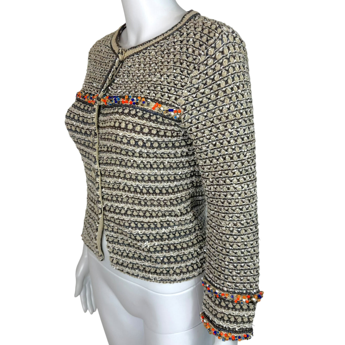 Chanel Taupe Tweed Sequin Knit Crop Cardigan