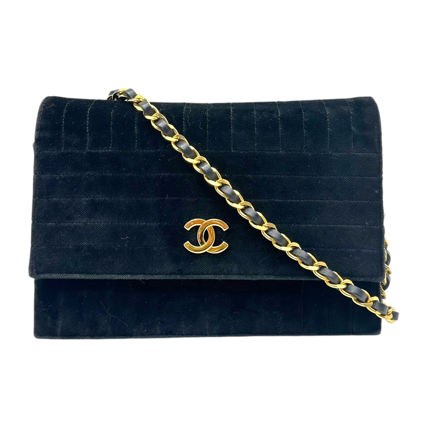 Chanel Black & Gold Velvet Snap Flap Shoulder Bag 80's-90's