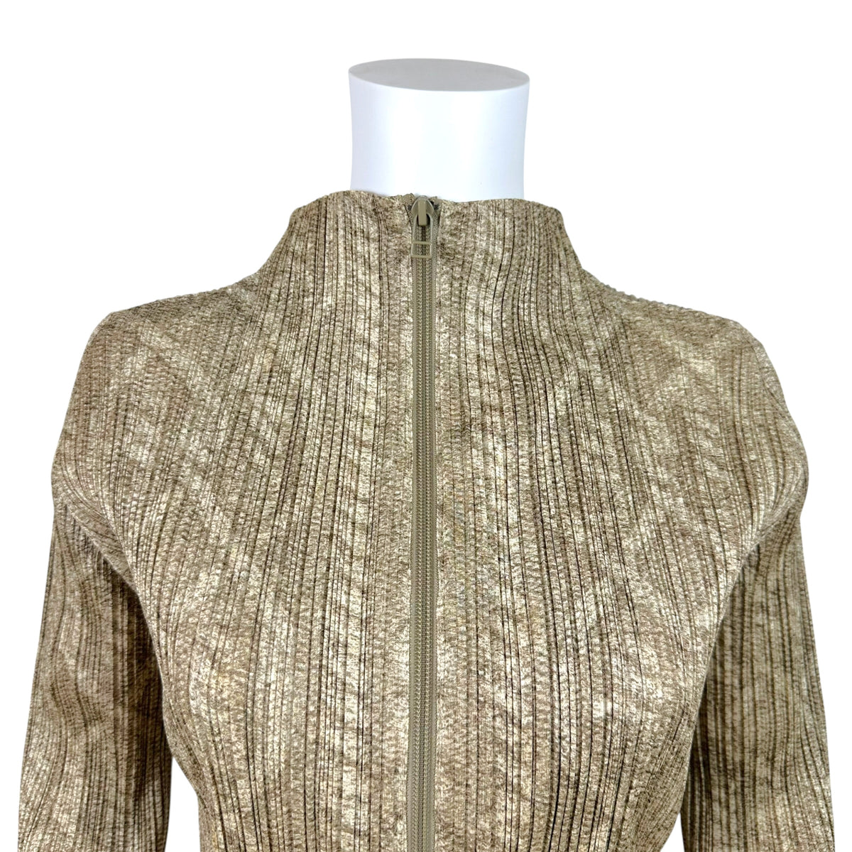Issey Miyake Pleats Please Beige Cable Knit Print Pleated Zip Up Jacket Sz 3
