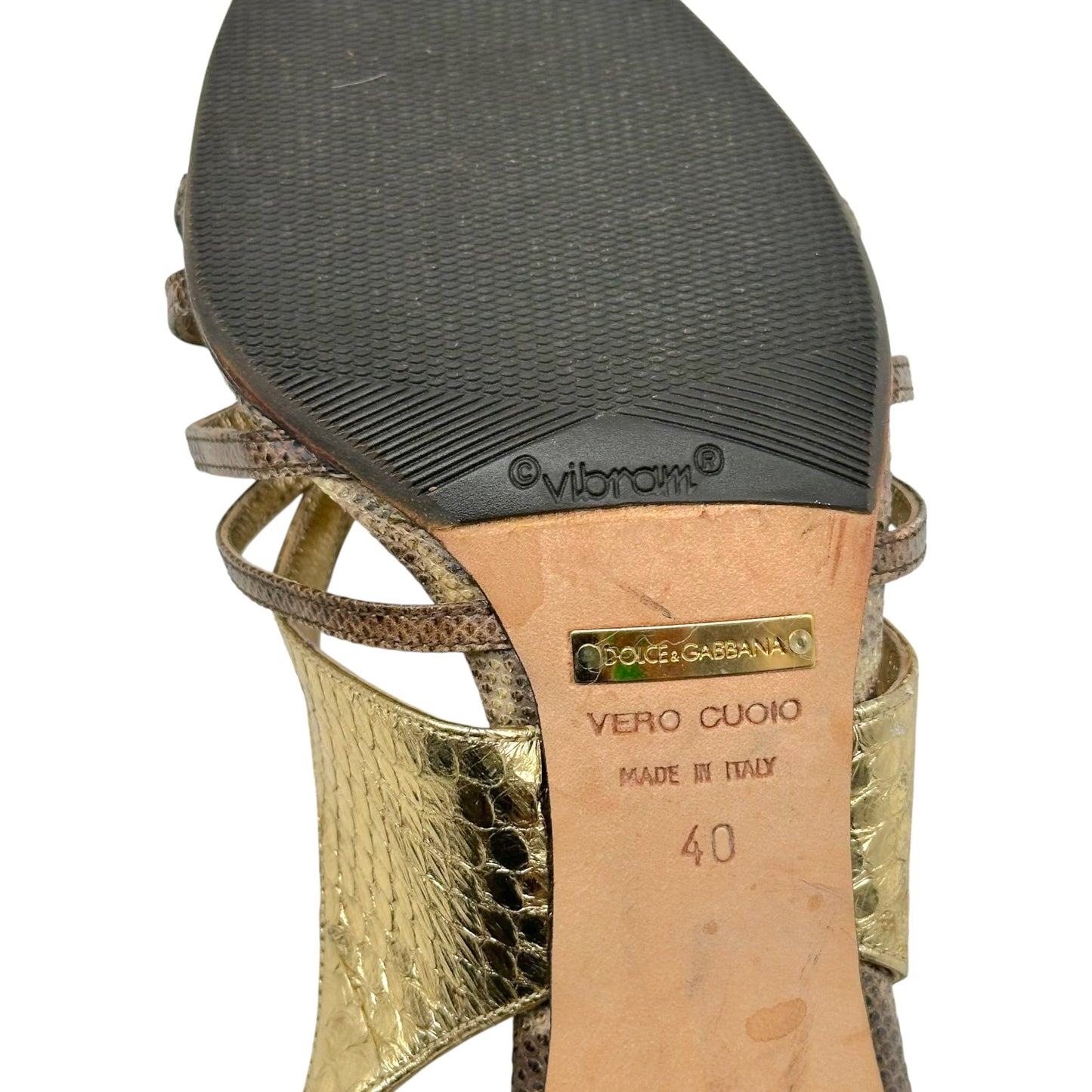 Dolce & Gabbana Gold & Brown Snakeskin Strappy Sandal Heels