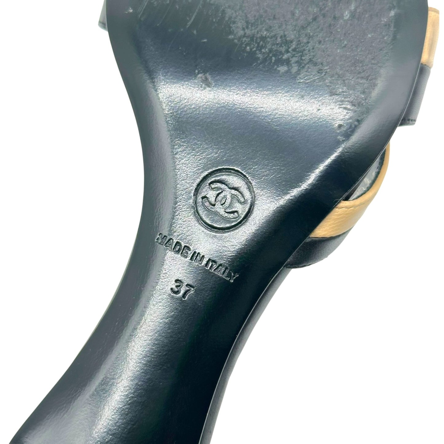Chanel Black & Tan Striped Leather Kitten Heel Mule Sandals