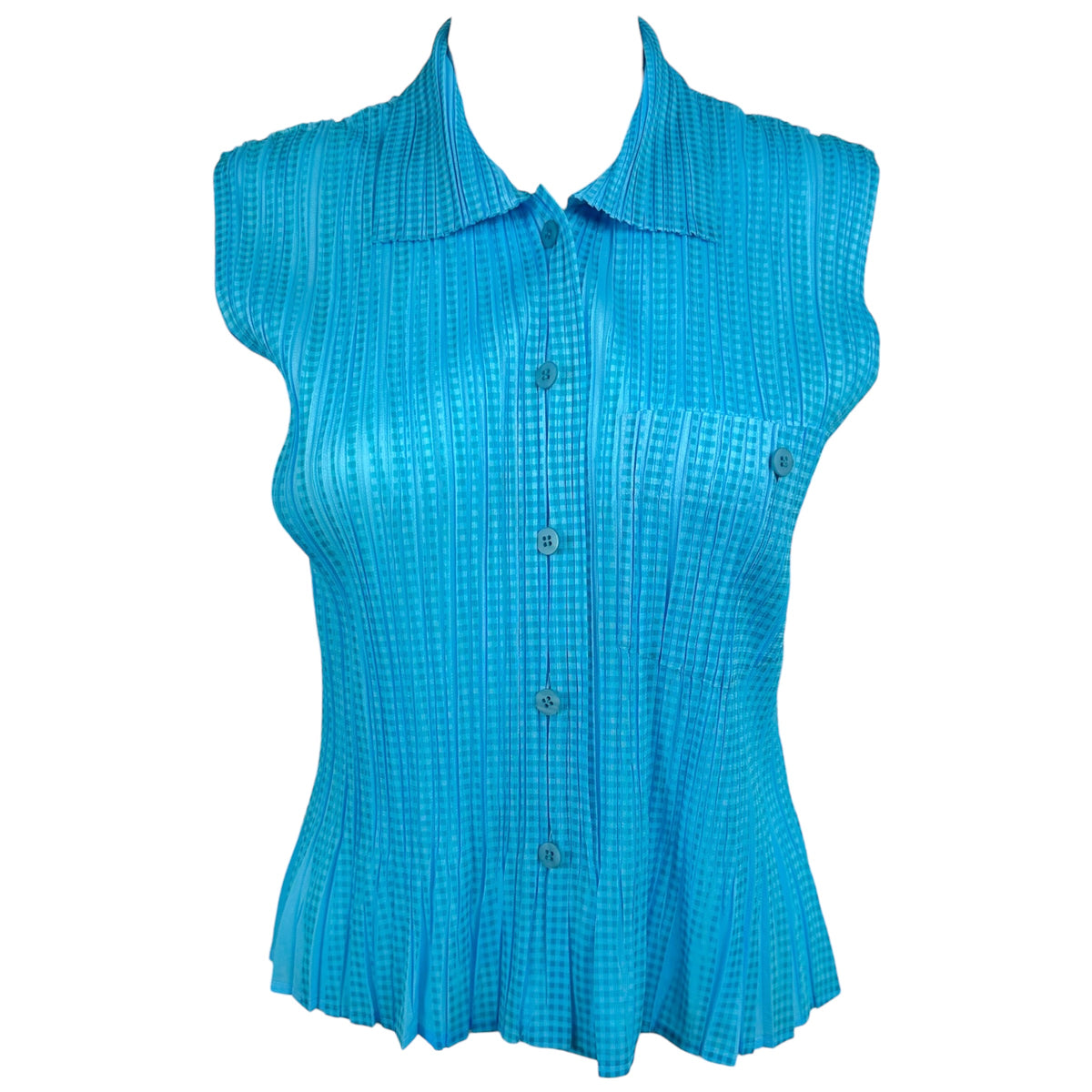 Issey Miyake Button Up Blouse Turquoise Check Plaid Sz 3