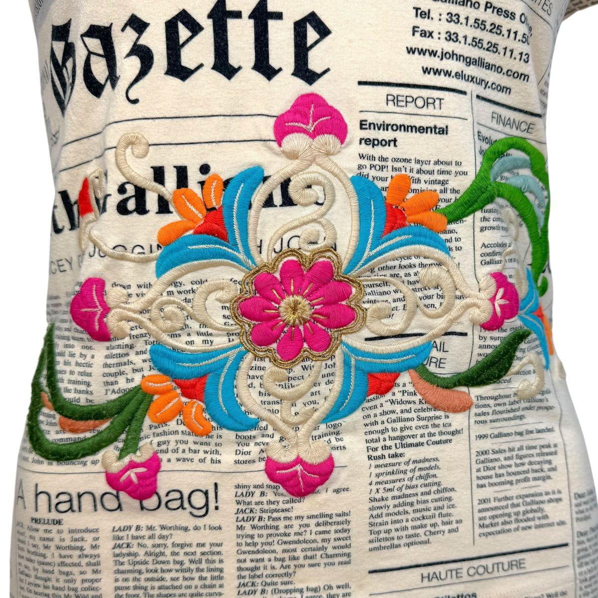 John Galliano S/S 2006 Gazette Newsprint & Multicolor Floral Embroidered T-Shirt
