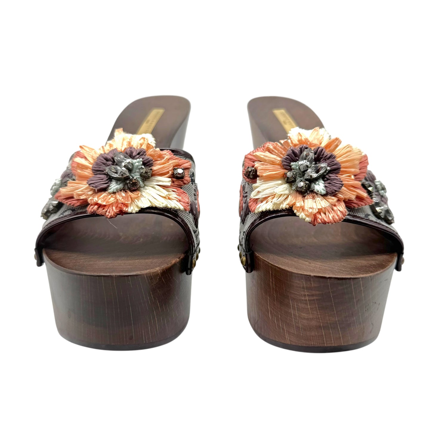 Louis Vuitton Lin Monogram & Sequin Raffia Flower Wooden Platform Heel Mules